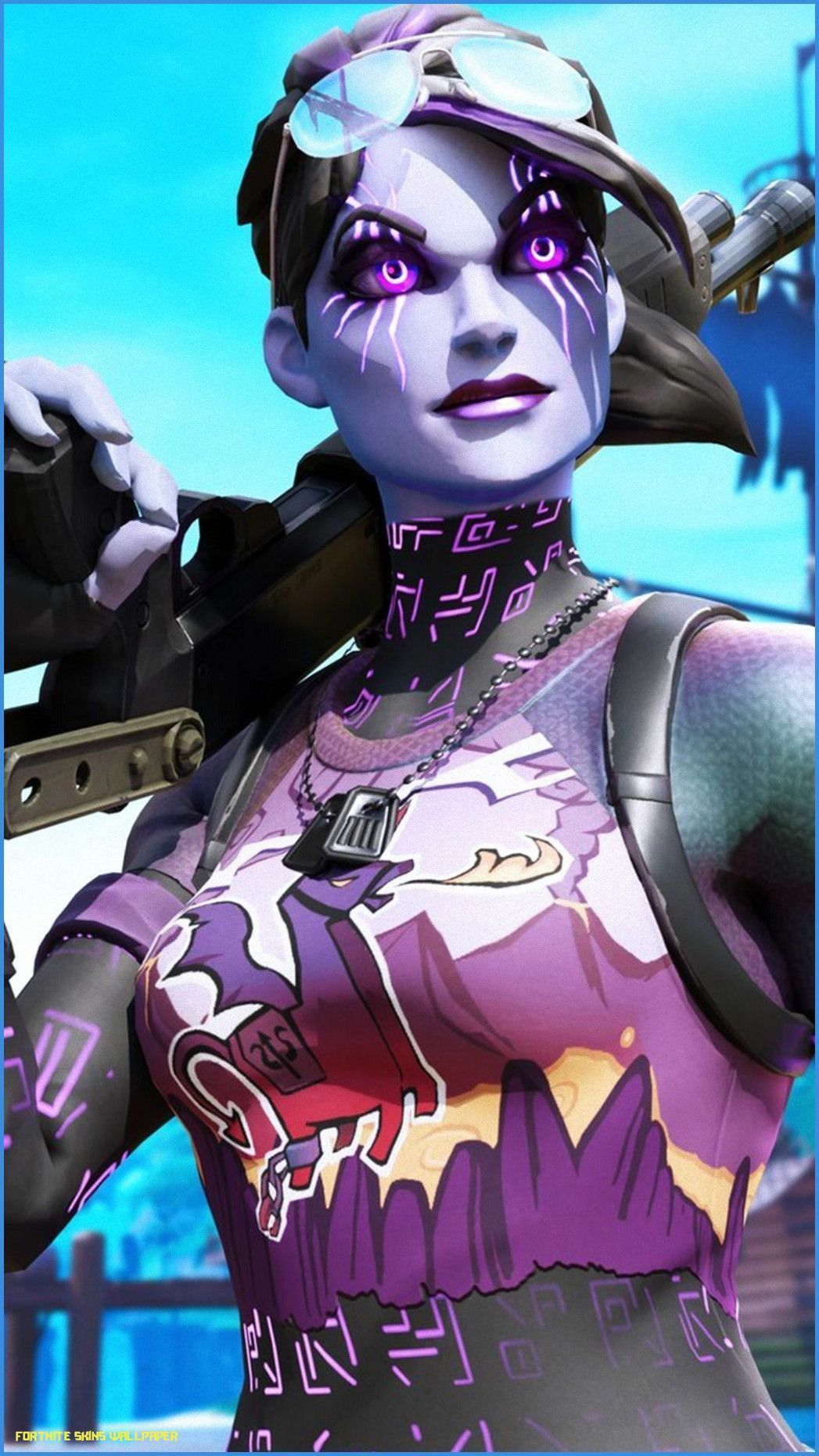 A woman with purple eyes and holding an assault rifle - Fortnite