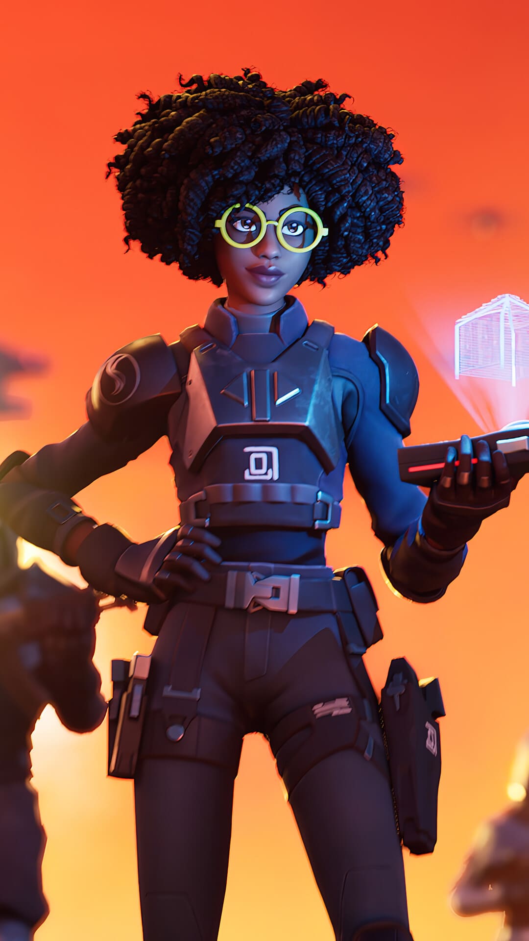A character from Fortnite, an African American female wearing a blue helmet, yellow glasses, and a black blaster. - Fortnite