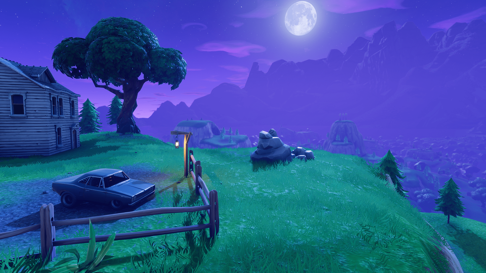 A Fortnite screenshot of a car on a grassy hillside at night - Fortnite