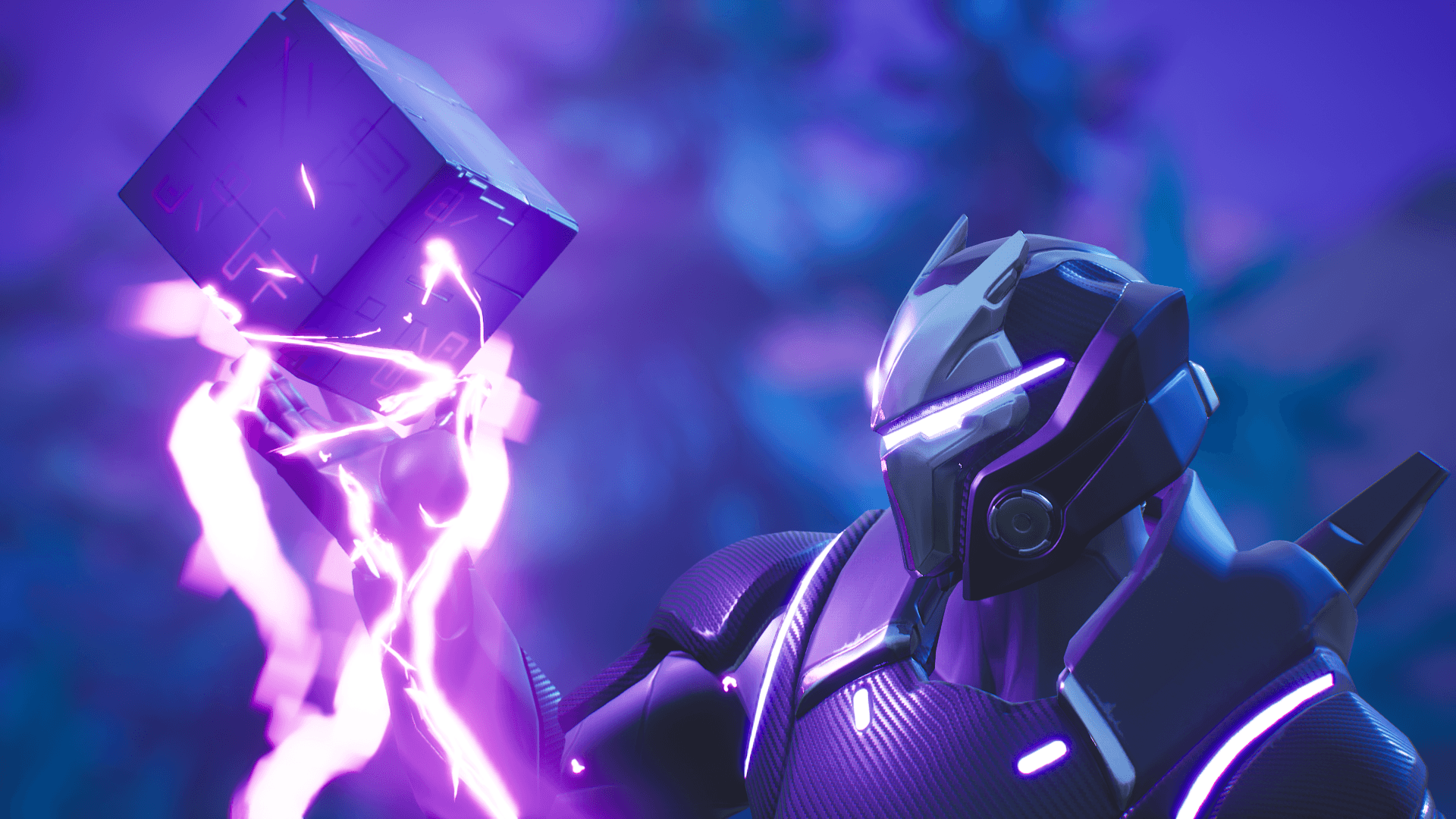 A Fortnite character in a futuristic suit holding a glowing cube - Fortnite