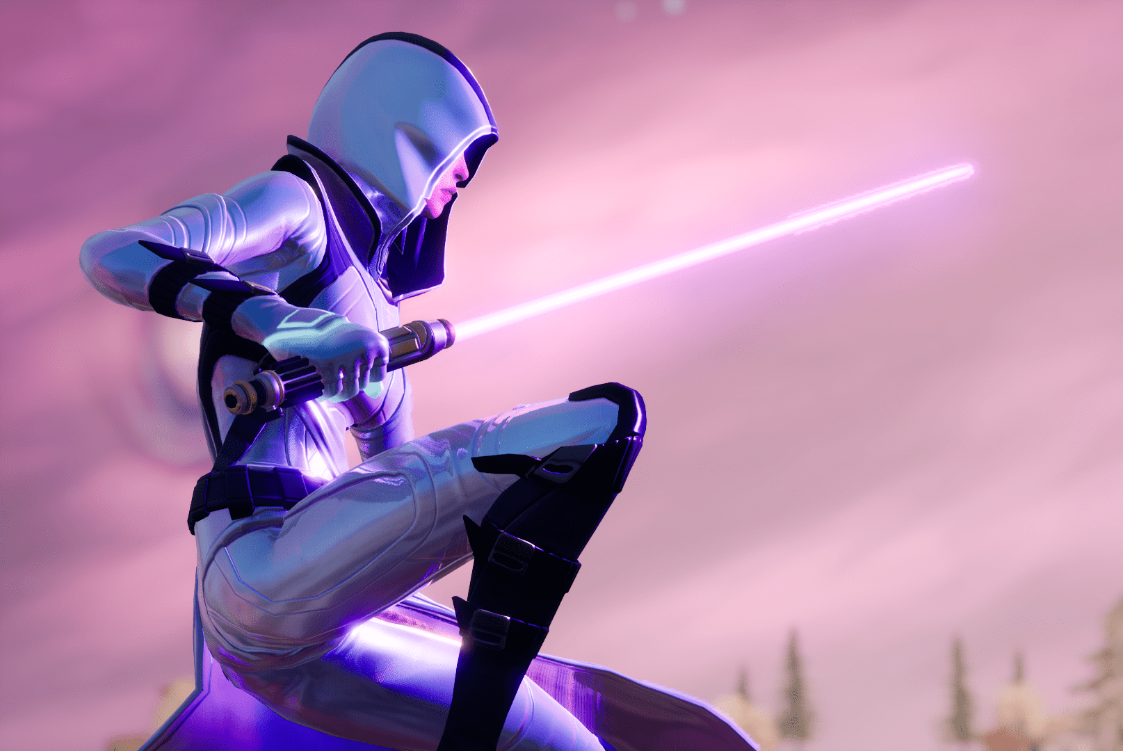 A person in a spacesuit crouches, holding a lightsaber. - Fortnite
