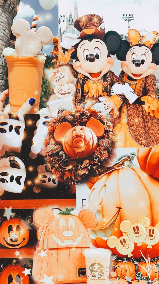 Halloween Aesthetic Collage of Disney Characters, Pumpkins, and Starbucks Drinks - Halloween