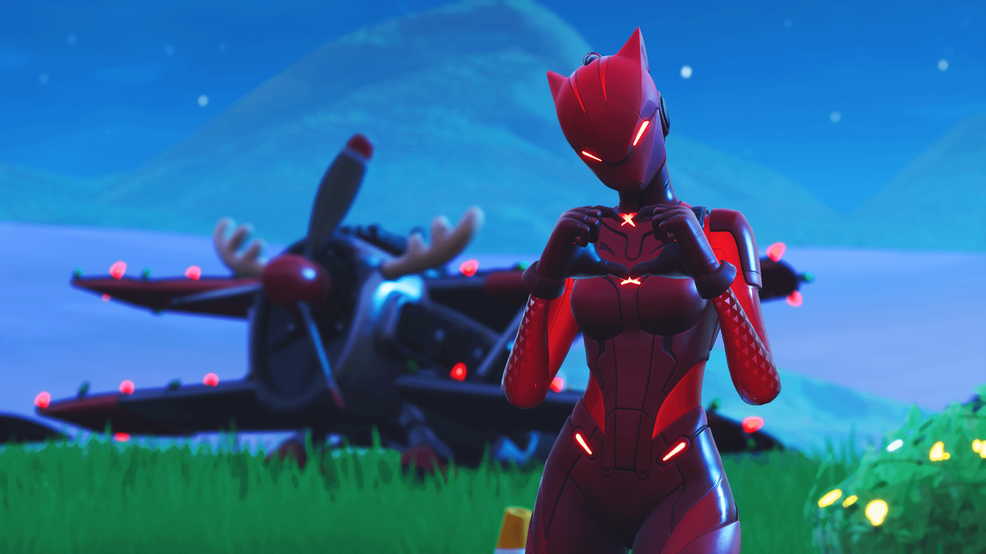 Red Fortnite character standing in front of a crashed plane - Fortnite