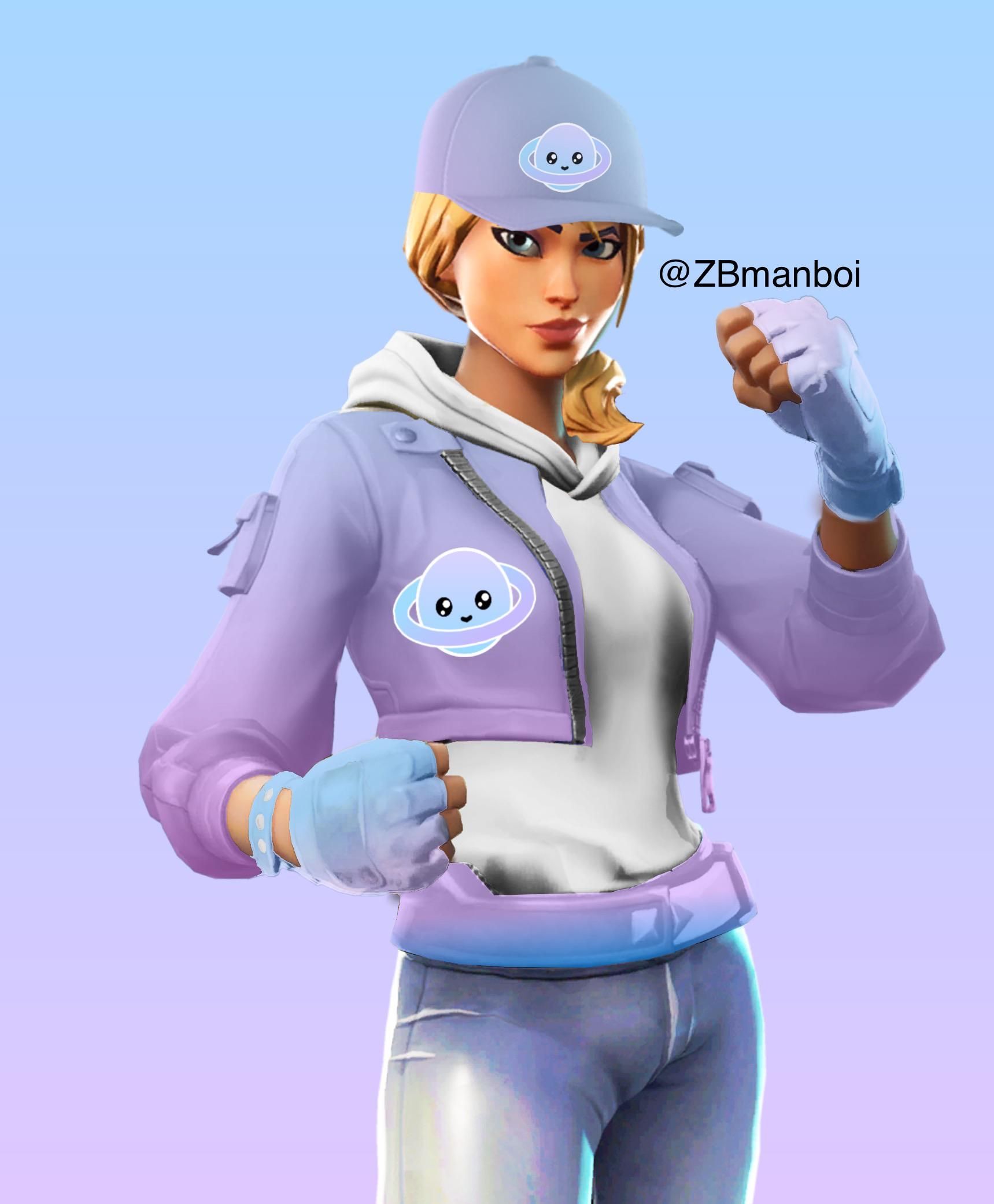 A woman in purple and white clothes with gloves on her hands - Fortnite