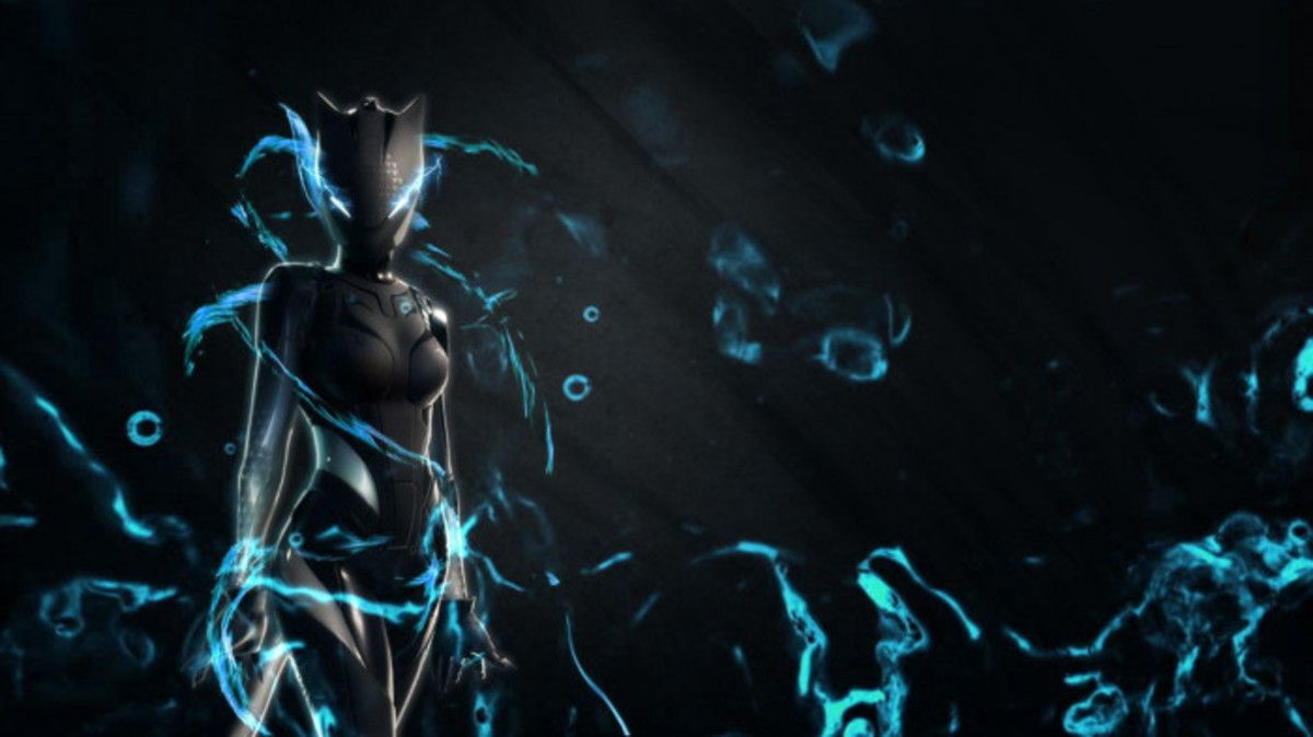 A Warframe's Nova stands in a dark room, surrounded by blue electricity - Fortnite