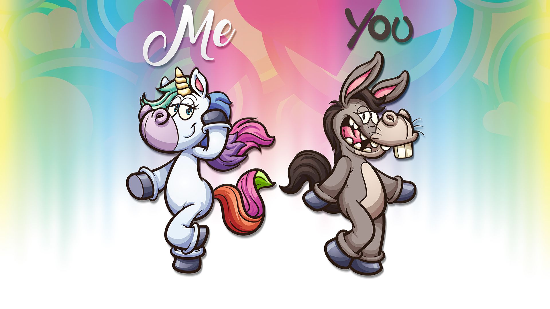 A cartoon unicorn and donkey side by side with the words 