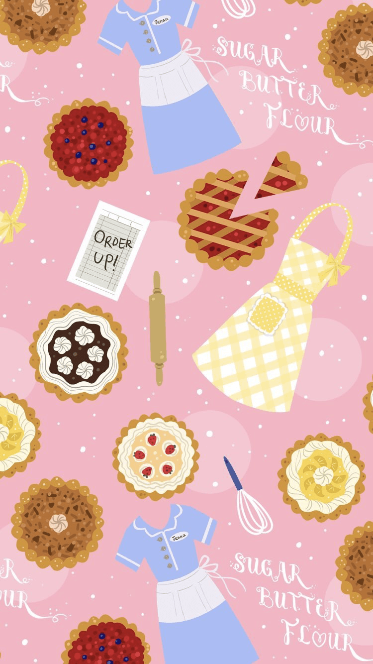 A seamless pattern of various pie-related items including a pie, a pie server, a whisk, a recipe, and an apron. - Broadway