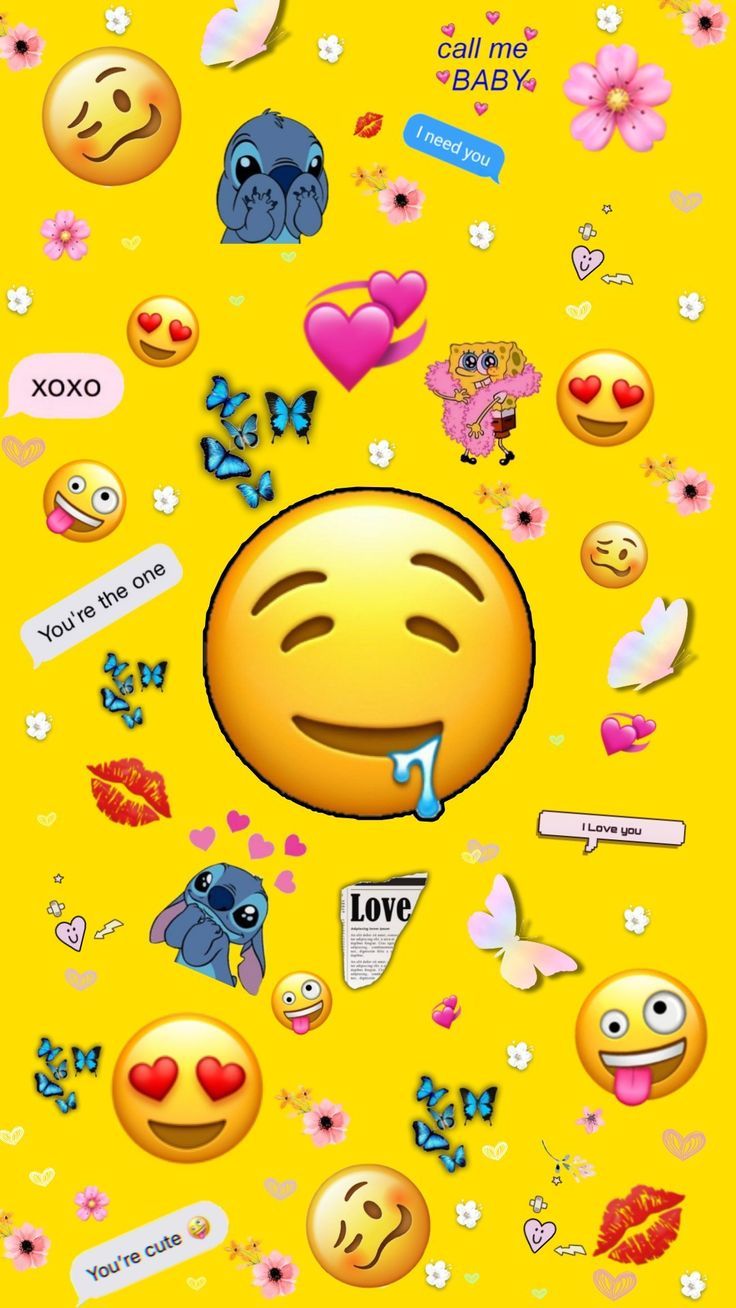 Yellow background with emoticons and hearts - Emoji