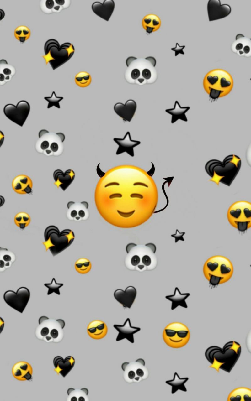 A pattern of emoticons and hearts on gray background - Emoji