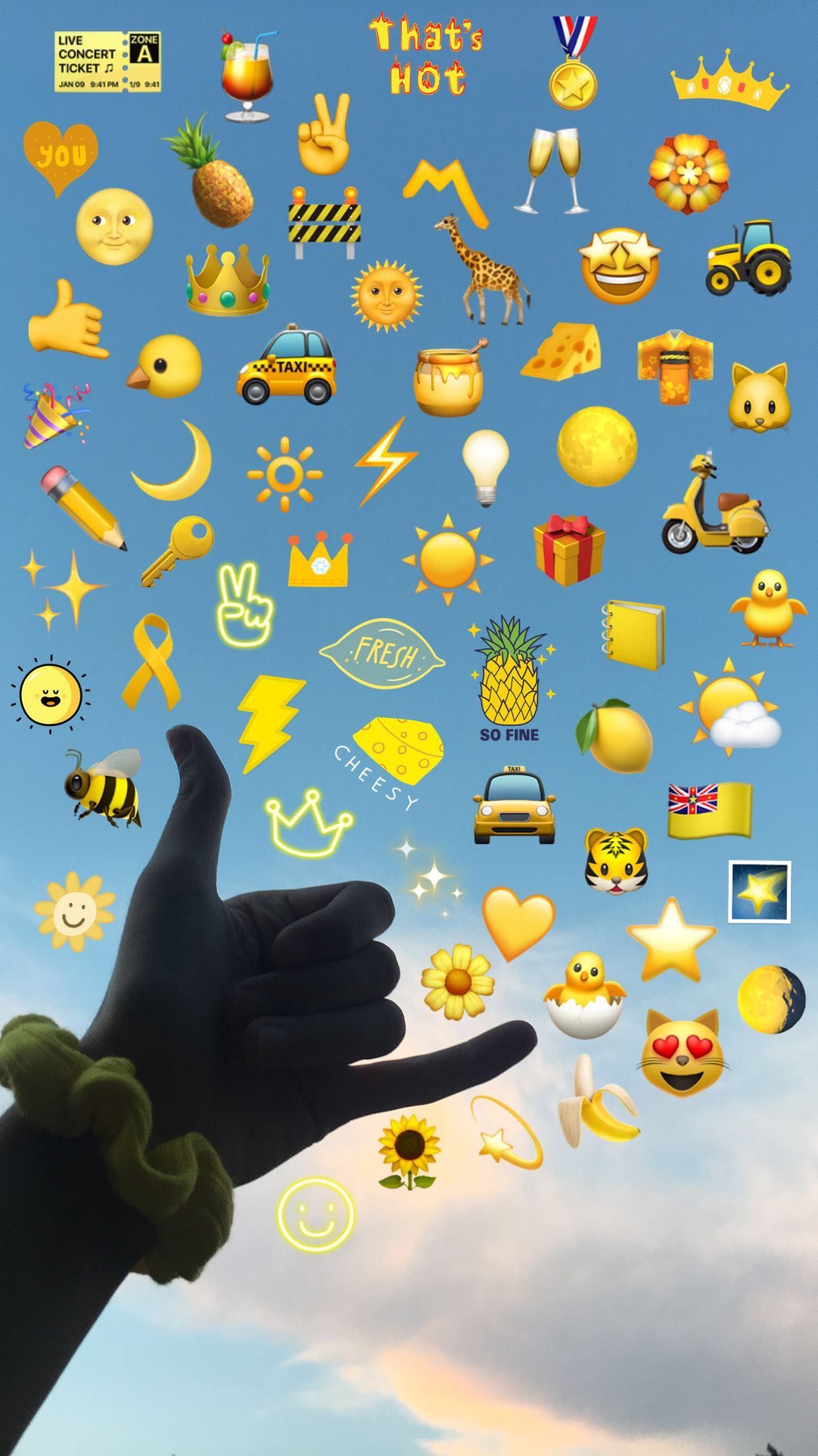 A hand with a glove on, reaching up to a sky filled with emojis. - Emoji