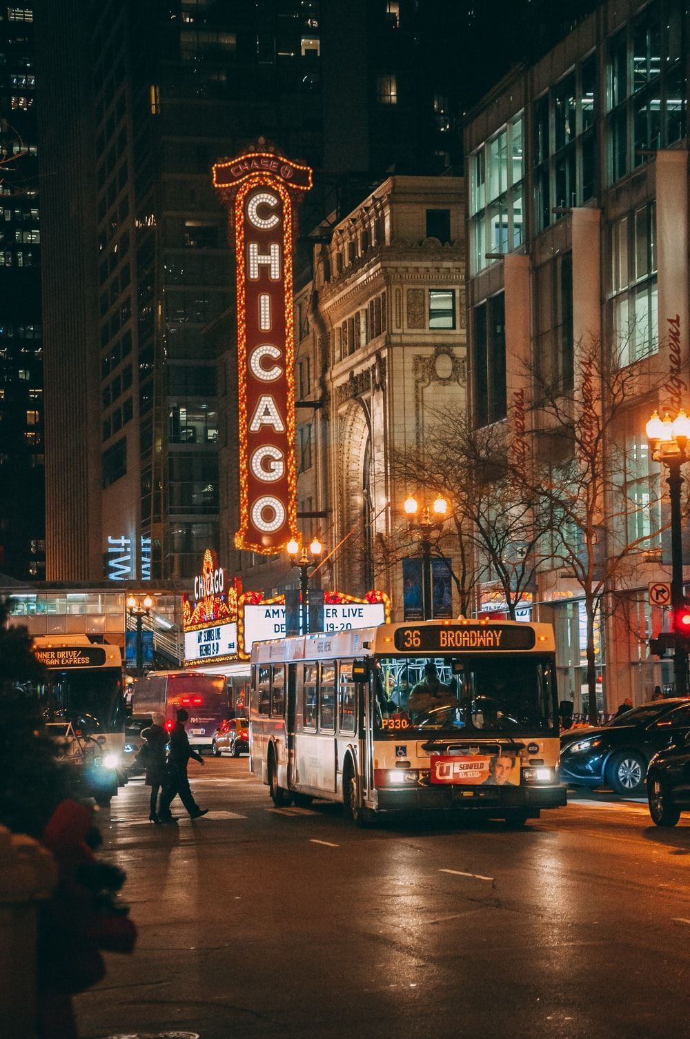 A bus driving down a busy street at night in Chicago. - Broadway