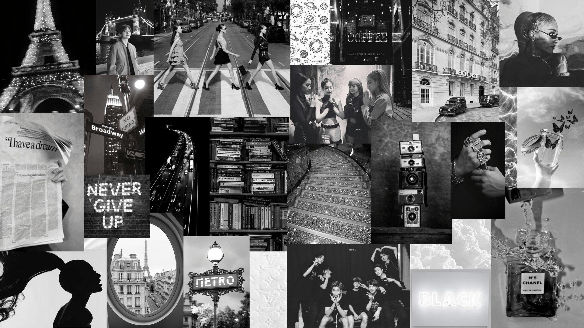 A collage of black and white photos, including a bicycle, books, a Chanel bottle, and a picture of the Eiffel Tower. - Broadway, Chromebook