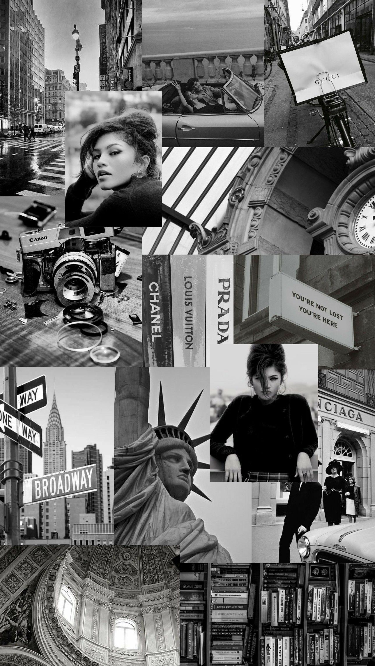 A collage of pictures with the statue in them - Broadway