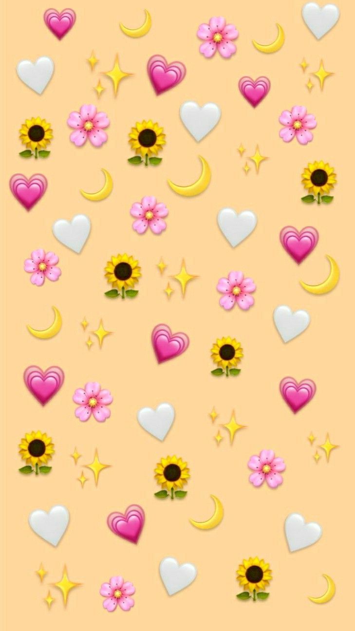 A pattern of hearts, flowers and suns on an orange background - Emoji