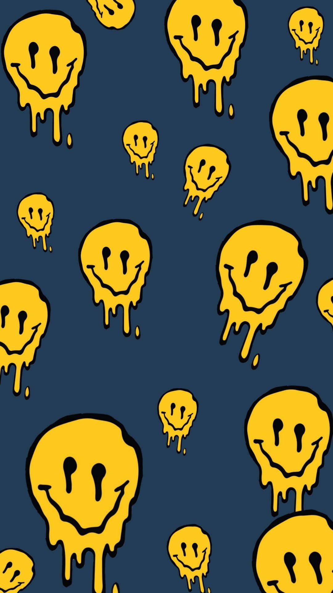 A pattern of yellow smiley faces on blue - Emoji, cool, light yellow, pattern, smile