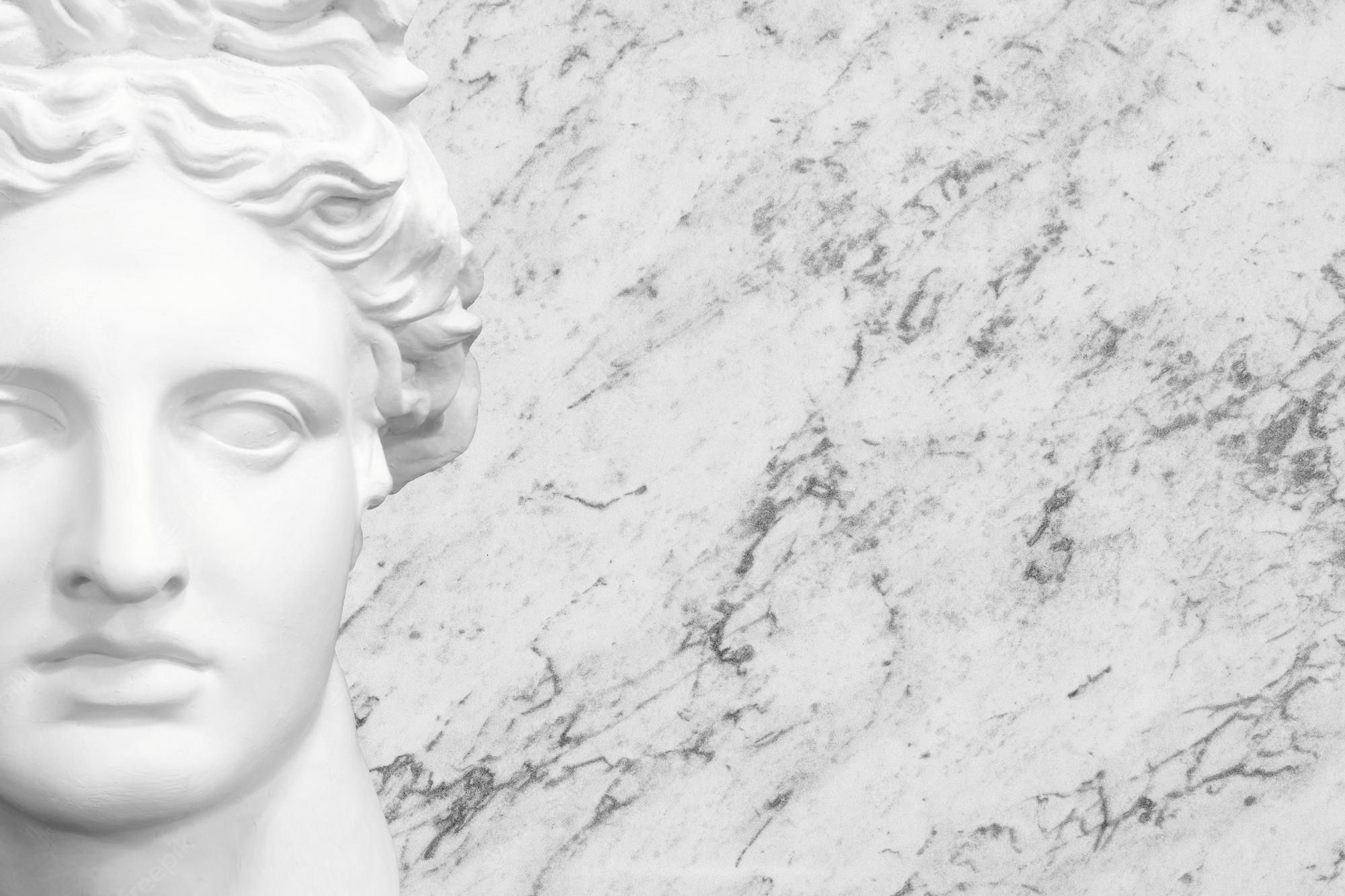 A white sculpture of a woman's head on a marble background. - Greek statue