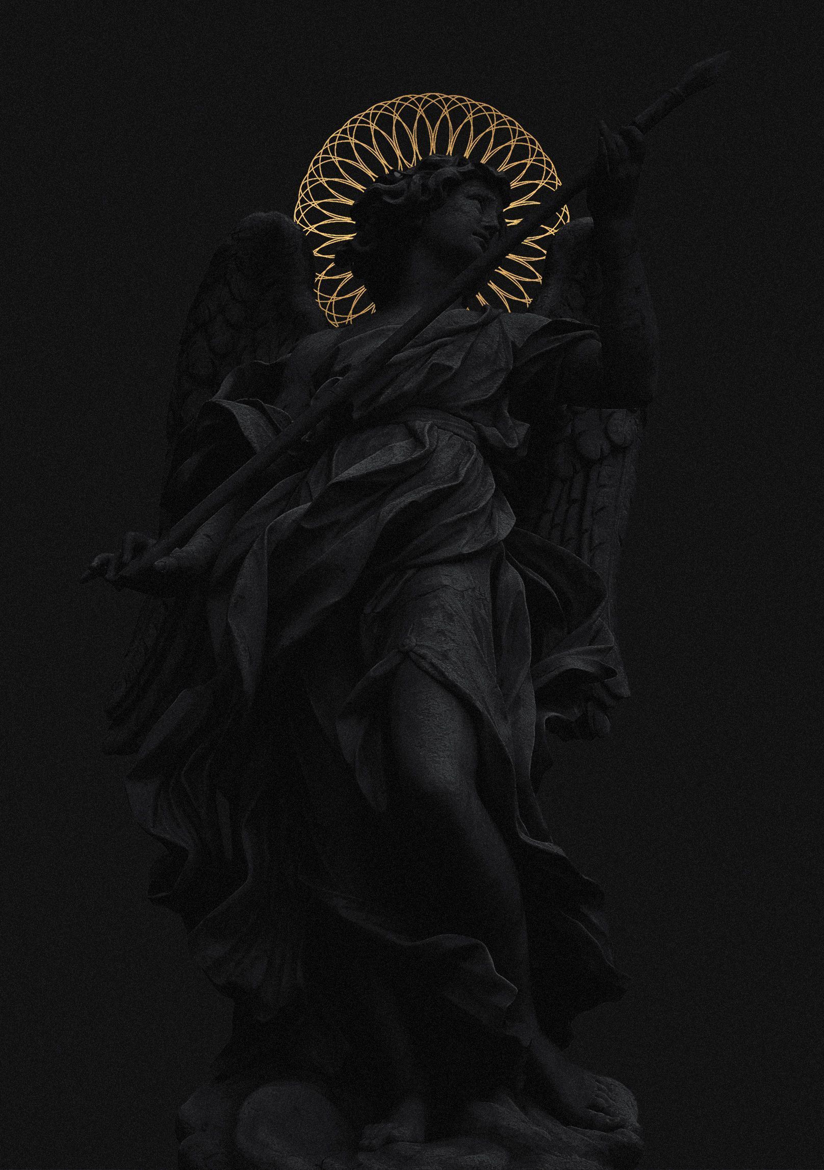 A black and gold statue of an angel holding a golden halo - Greek statue, statue