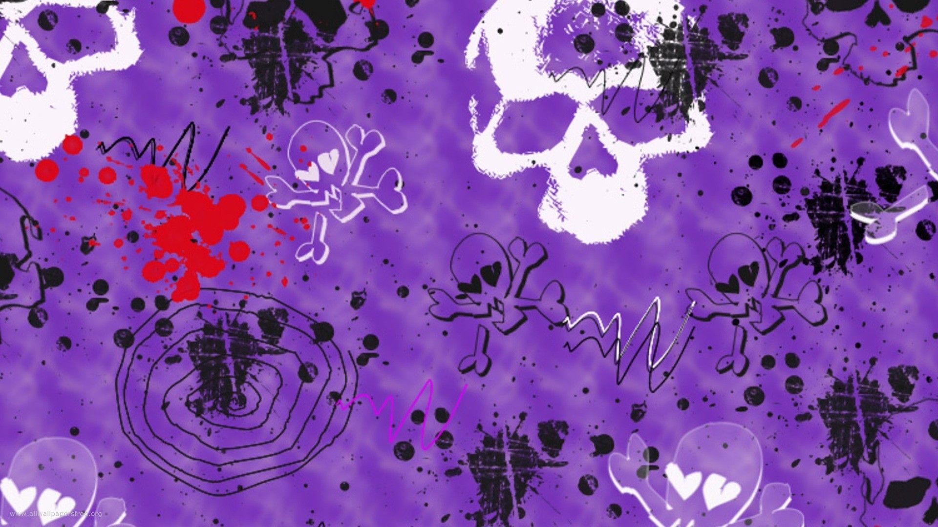 A purple background with skulls and hearts. - Halloween desktop