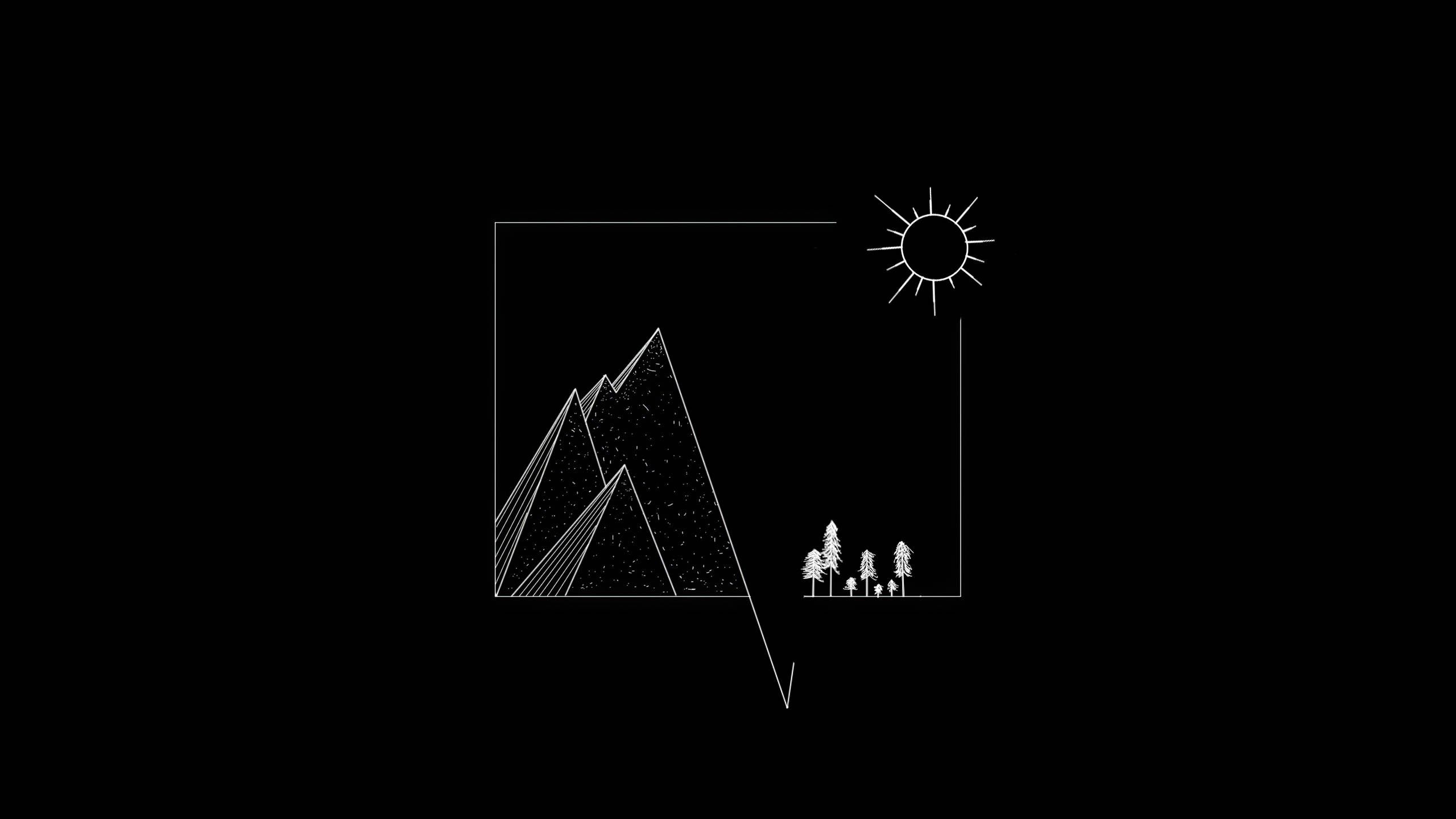 A black and white image of a mountain range, with a sun above and a tent pitched on the side. - Minimalist