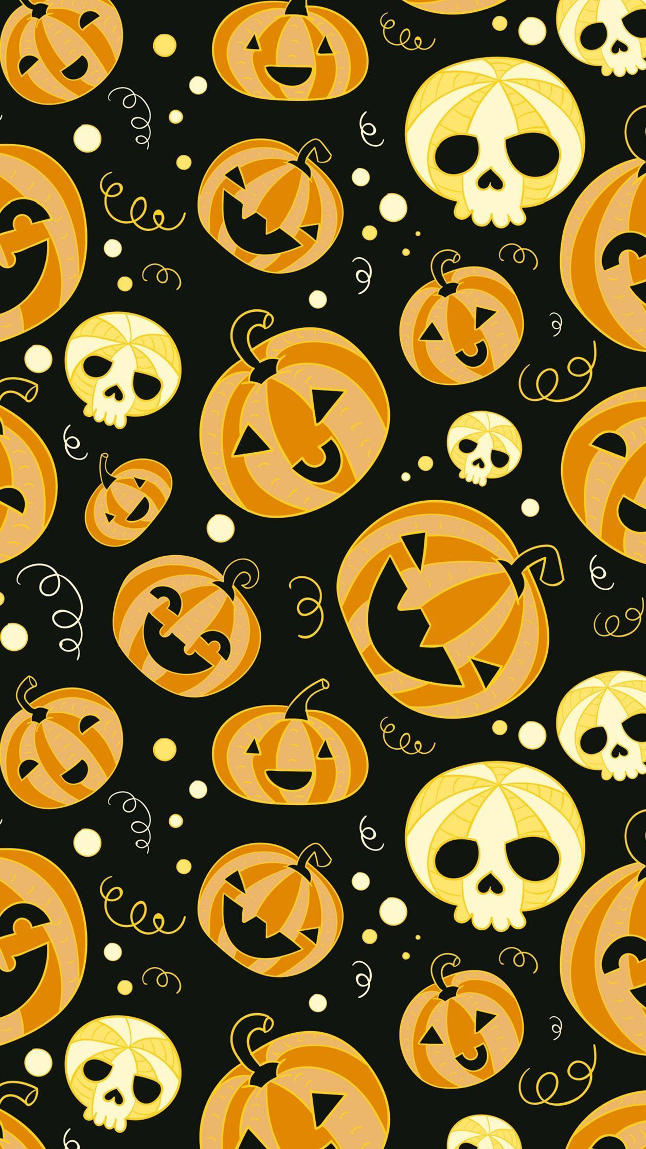 A pattern of pumpkins and skulls on black background - Halloween, cute Halloween