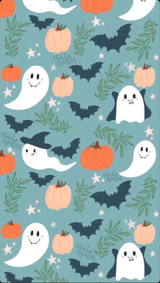 A cute Halloween pattern with ghosts, bats, and pumpkins. - Cute Halloween