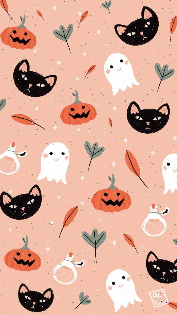 Halloween wallpaper for phone with cute cats, ghosts, pumpkins, and leaves on a pink background - Cute Halloween, Halloween