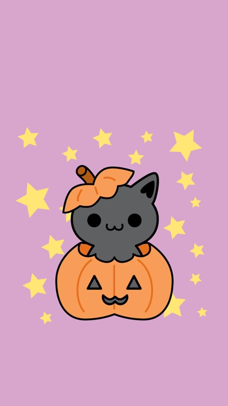 A black cat with a pumpkin costume on a purple background - Cute Halloween