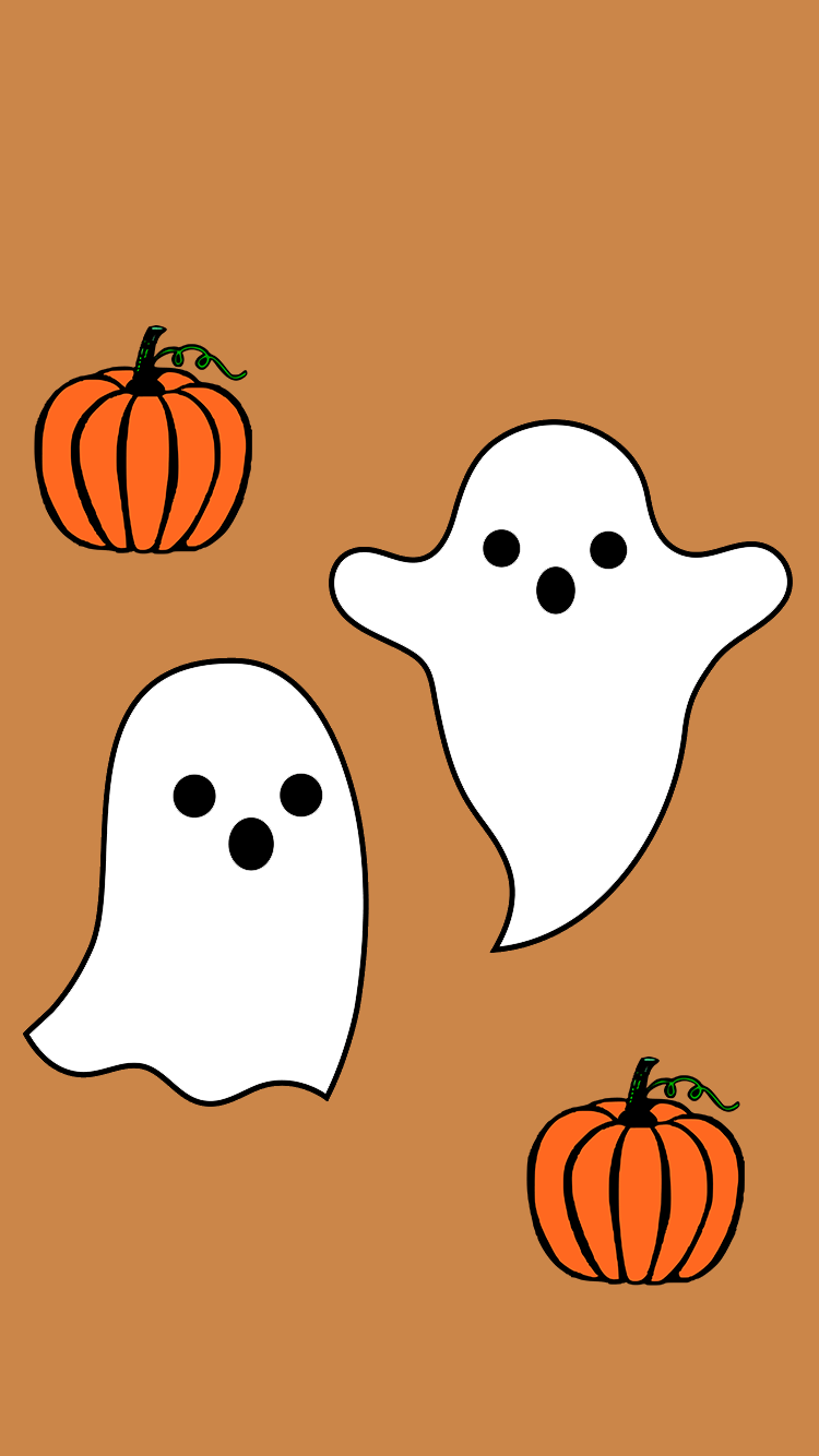 A cartoon ghost and pumpkins on an orange background - Cute Halloween