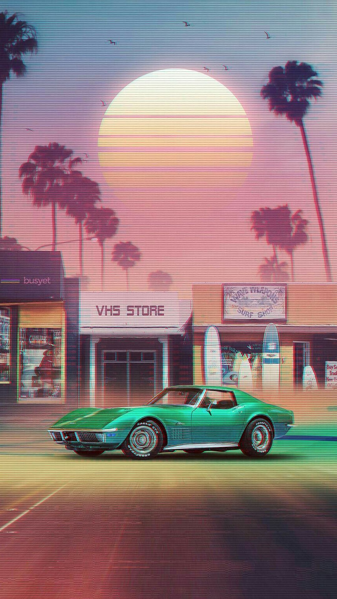 Aesthetic phone wallpaper of a green sports car driving past a store front with palm trees in the background - California, VHS