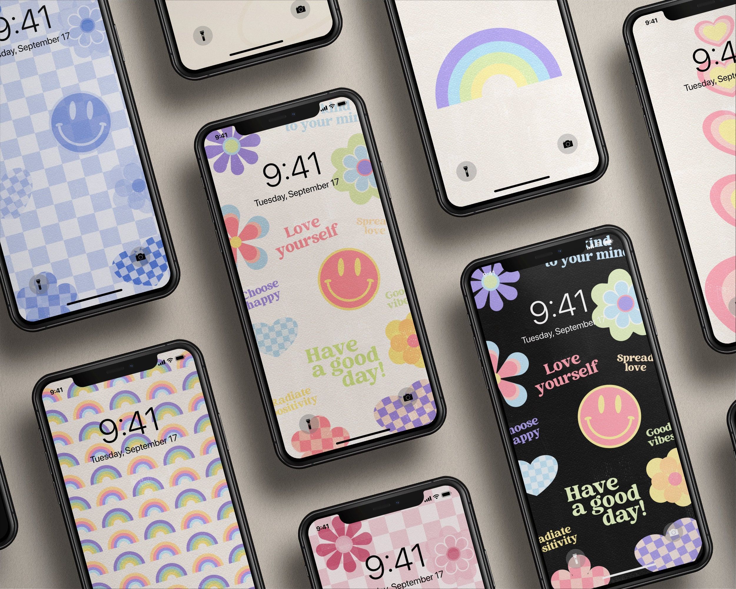 A group of phones with different designs on them - 