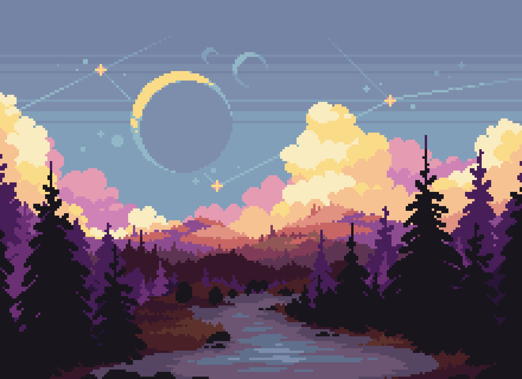 Pixel art of a forest with a river - Pixel art