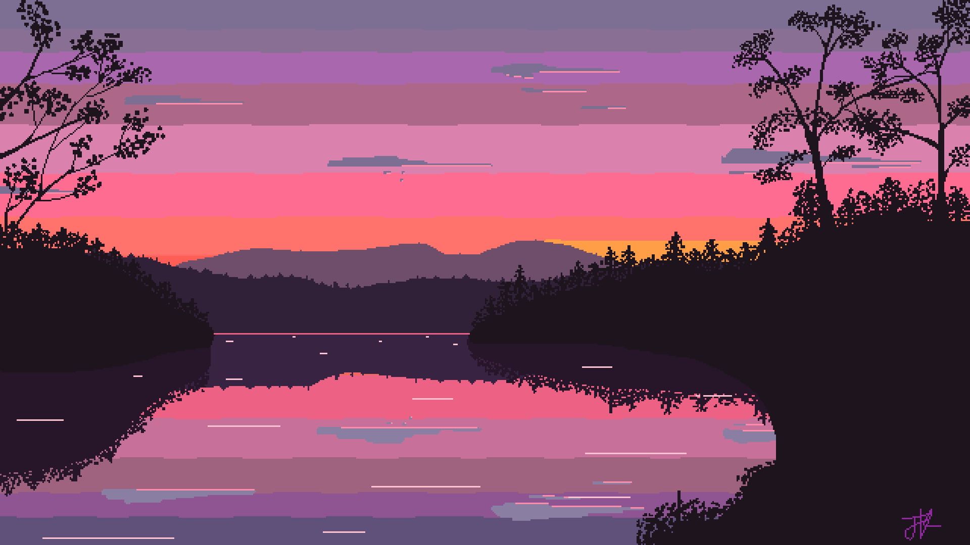 A sunset over the water with trees in it - Pixel art