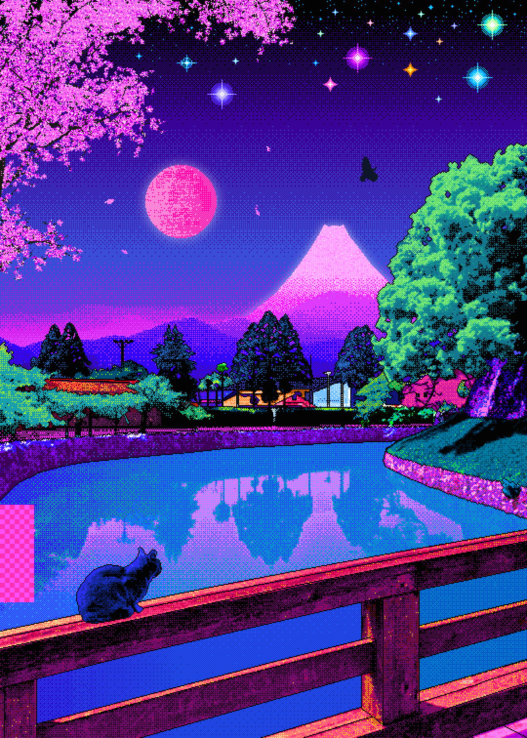 A digital illustration of a Japanese garden at night with a full moon and stars. - Pixel art, art