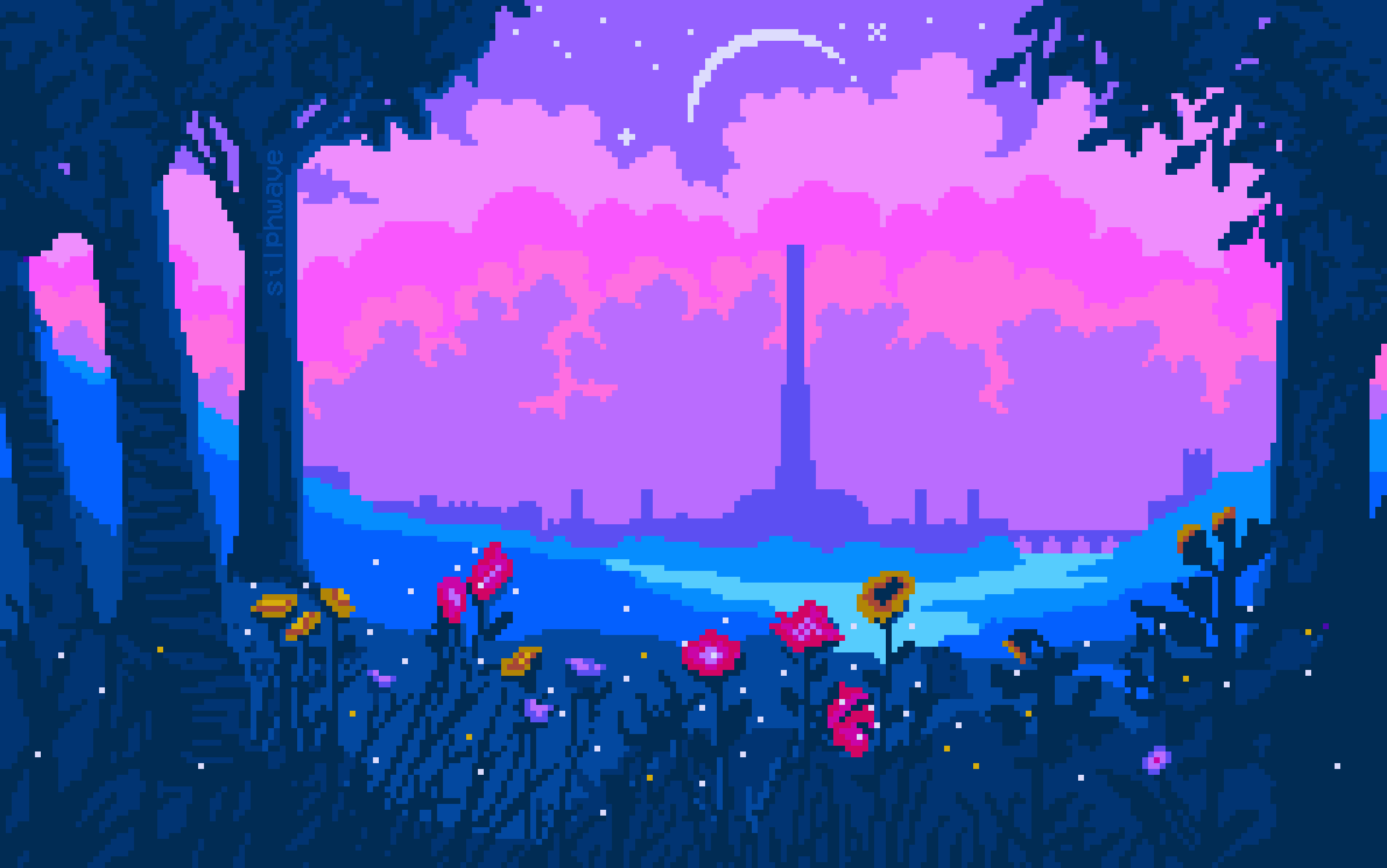 Pixel art of a forest with a city in the background - Pixel art
