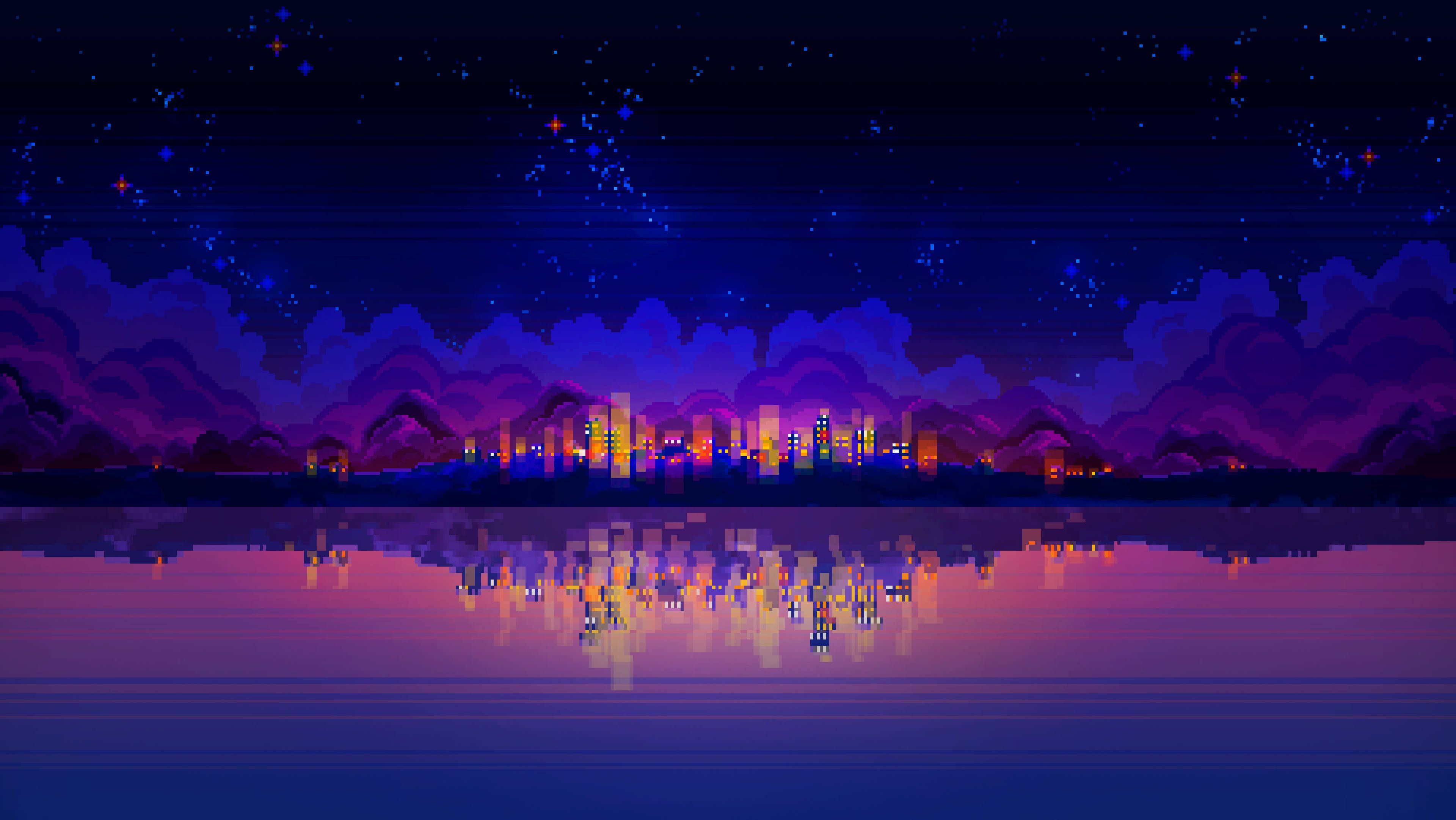 Pixel wallpaper of a city at night with stars - Pixel art, art, river