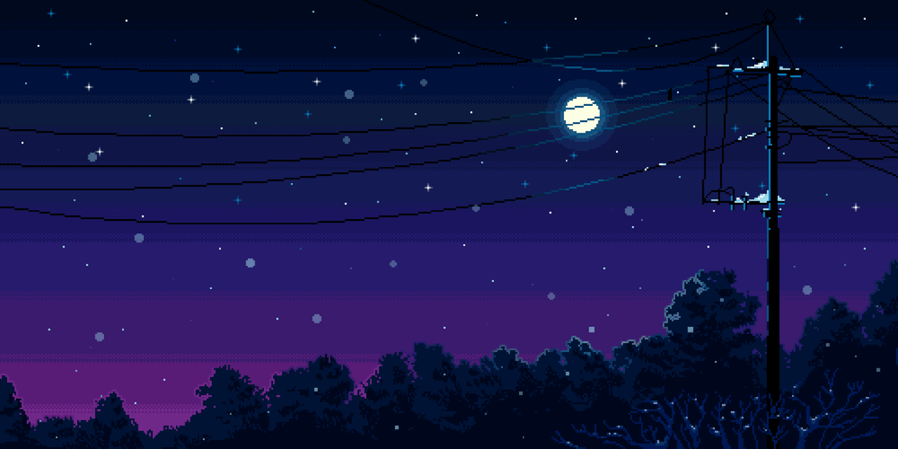 A pixelated forest at night with power lines - Pixel art