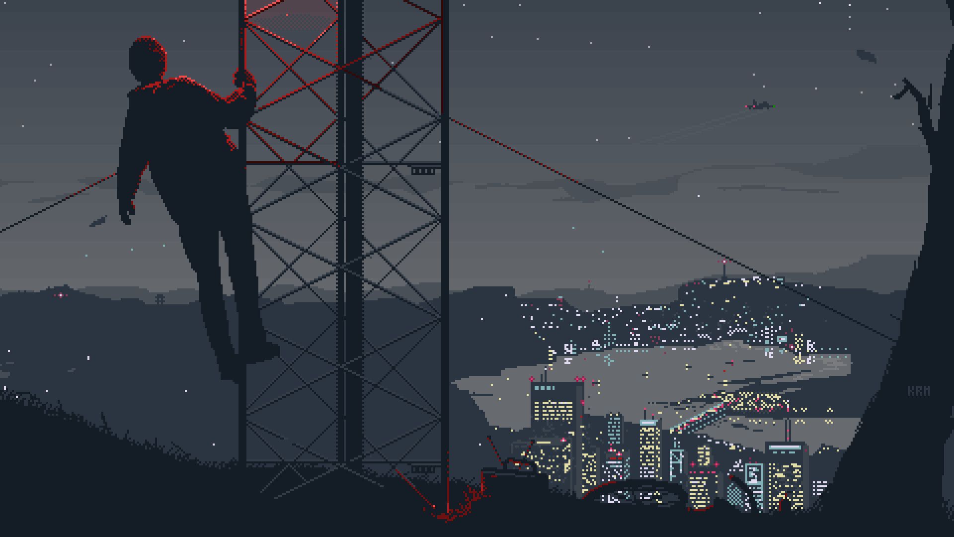 A pixelated image of a man hanging from a power line. - Pixel art, art