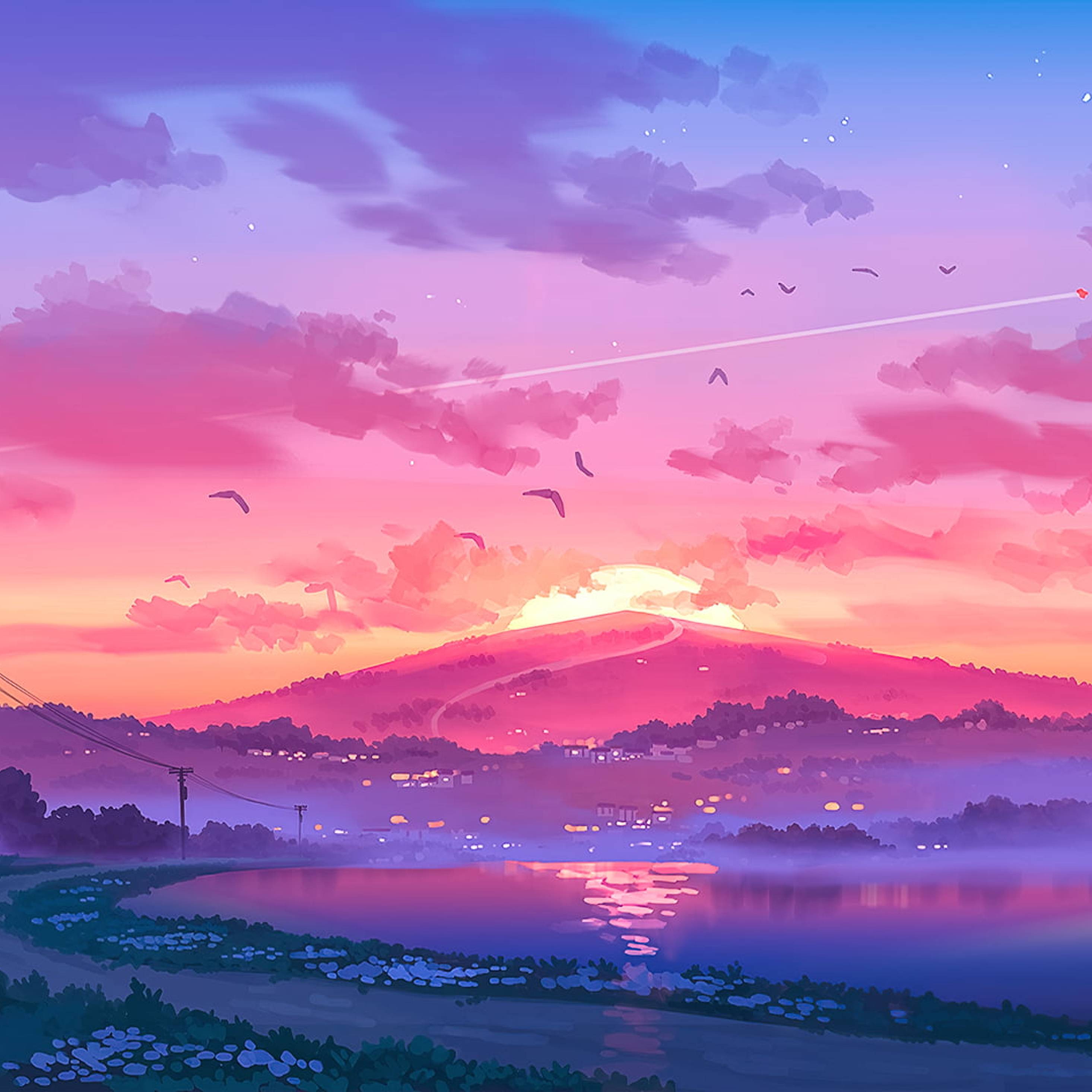 A painting of the sunset over water - Pixel art