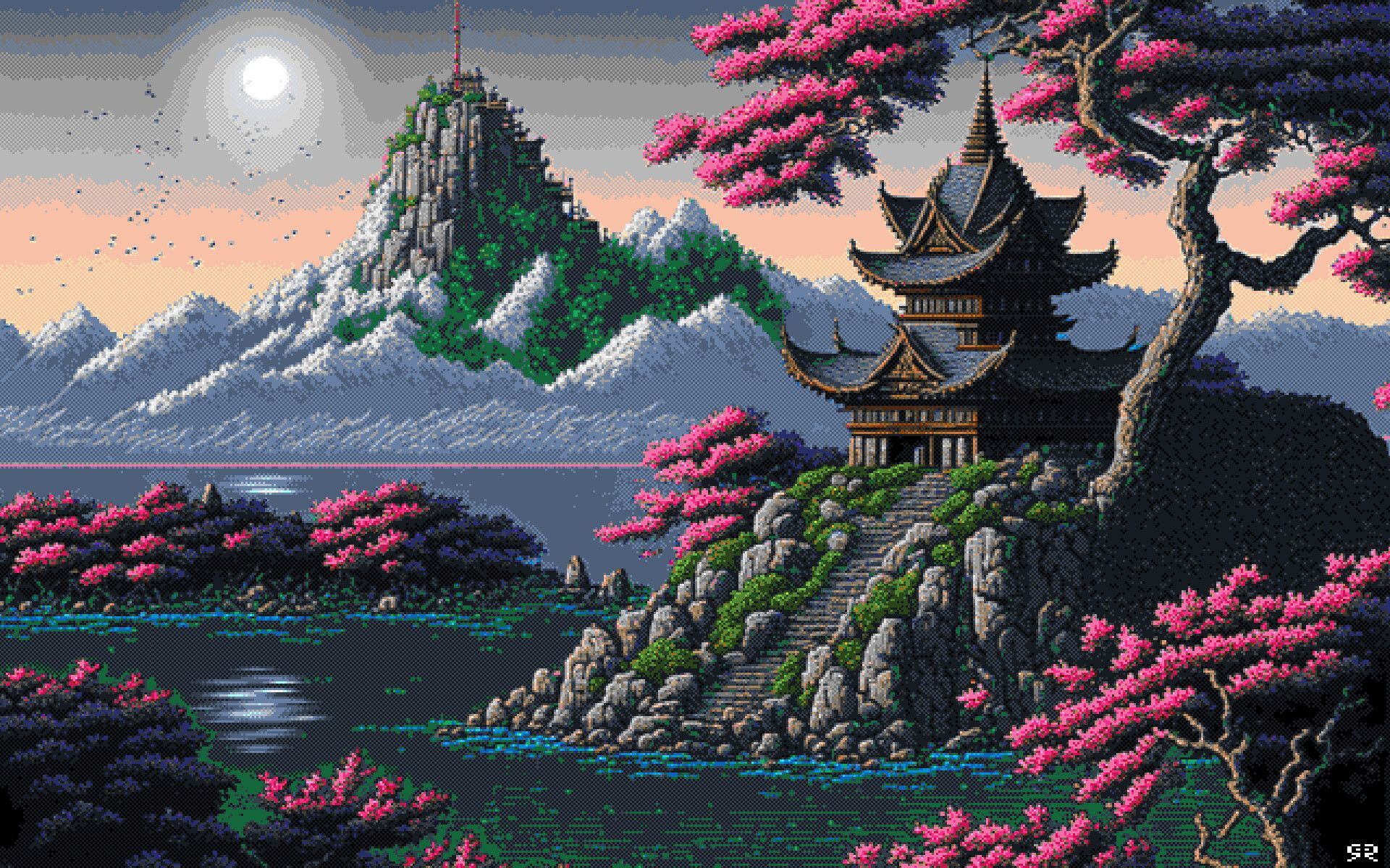 A painting of an asian landscape with mountains and trees - Pixel art, art, HD