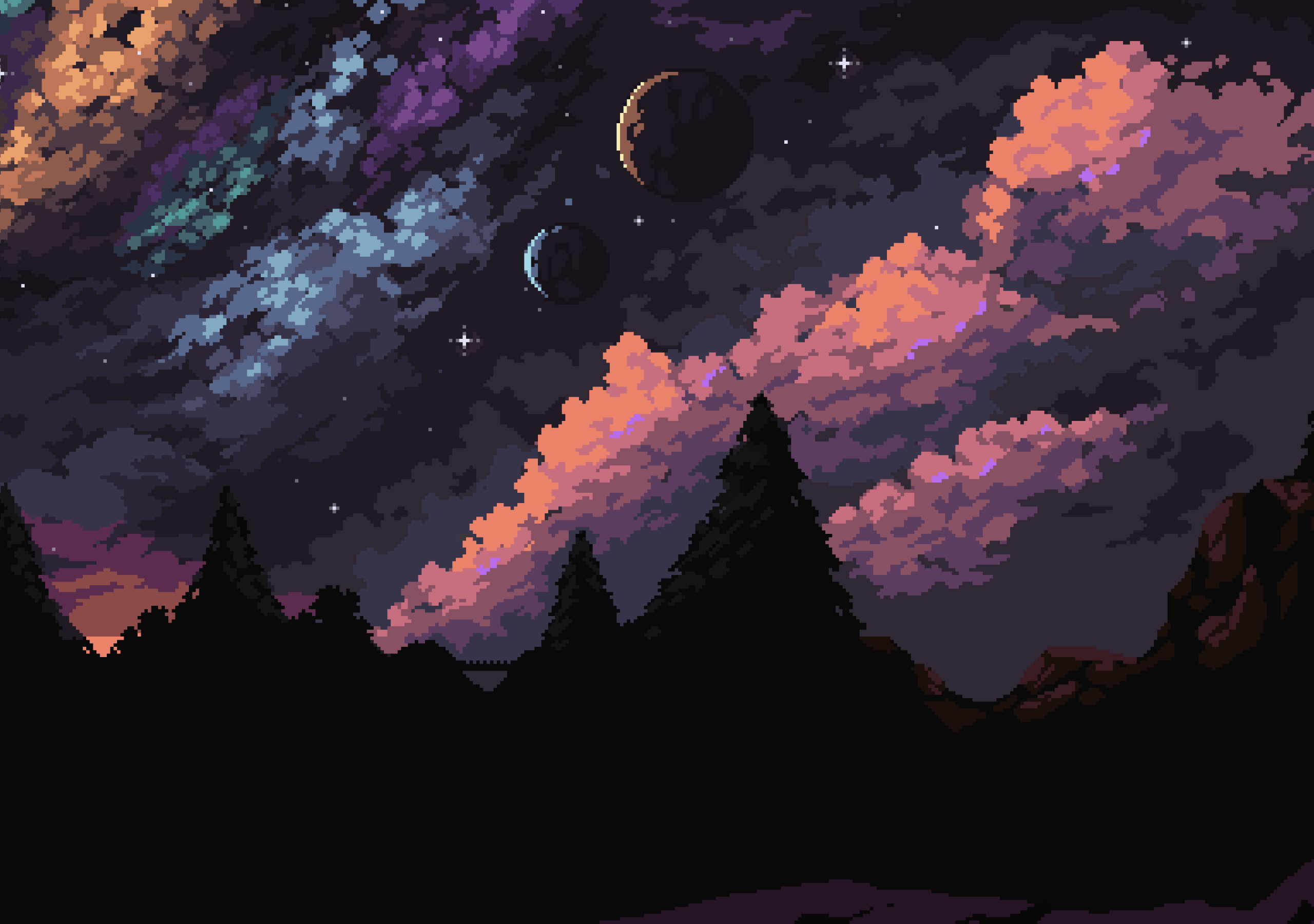 A painting of the night sky with clouds and trees - Pixel art