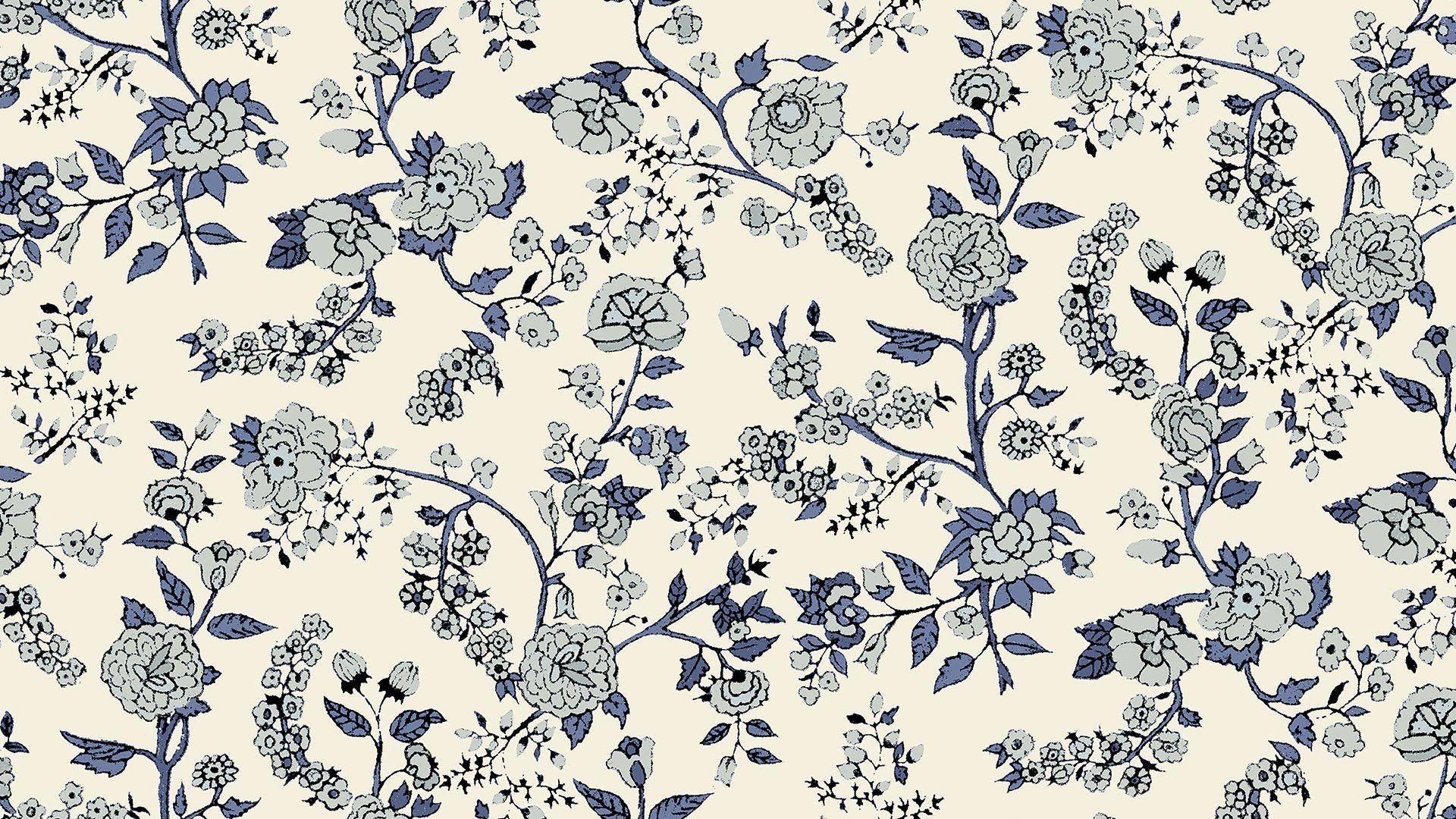 A blue and white floral pattern on beige - Pattern