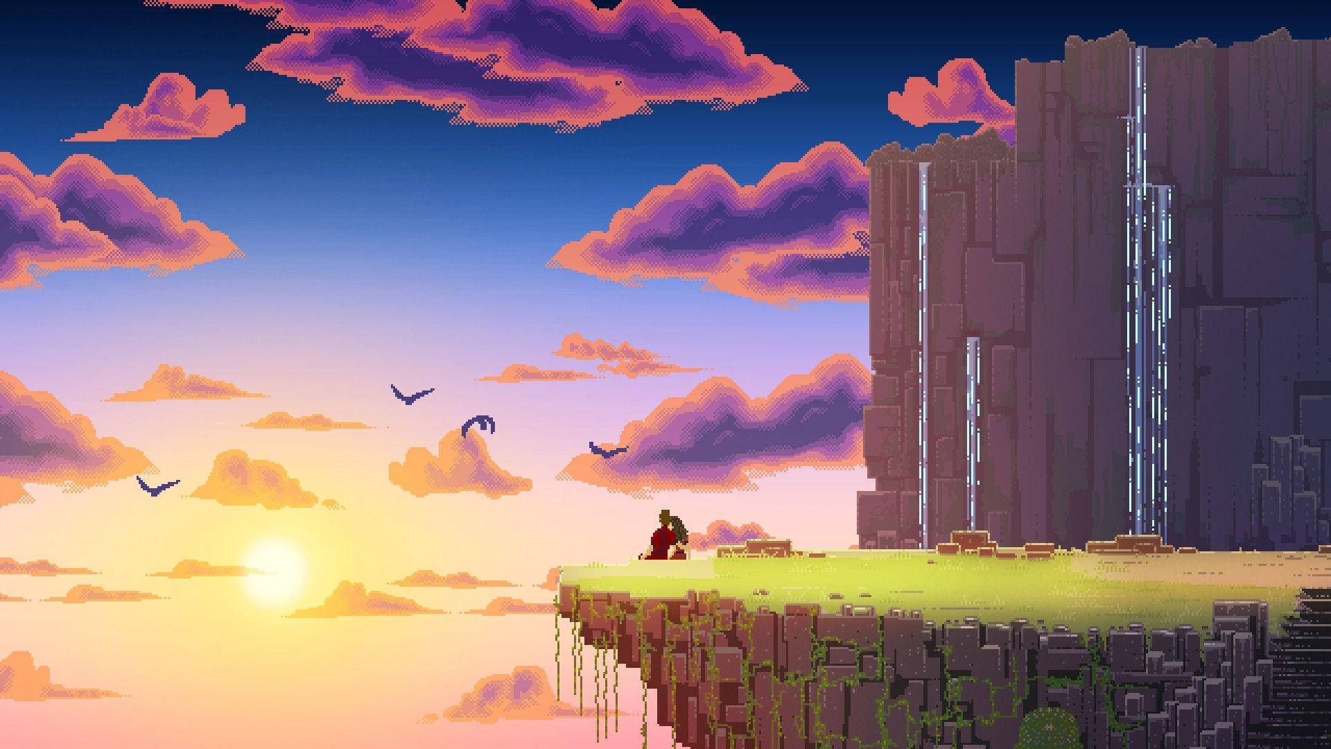 The sun sets behind a player character in a green tunic and red pants, standing on a ledge overlooking a tall, gray castle. - Pixel art