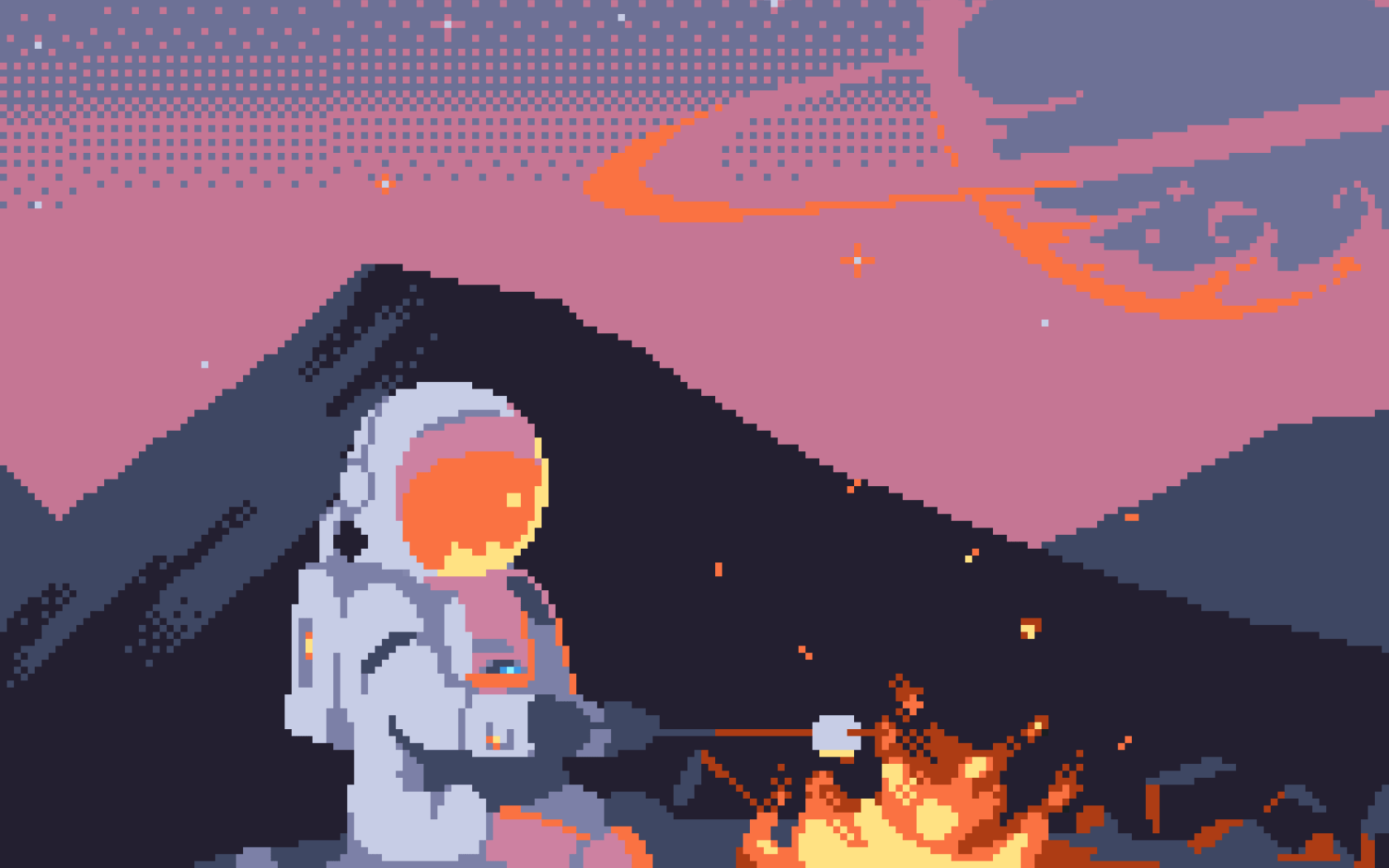Pixel art illustration of an astronaut roasting a marshmallow over a campfire in space - Pixel art
