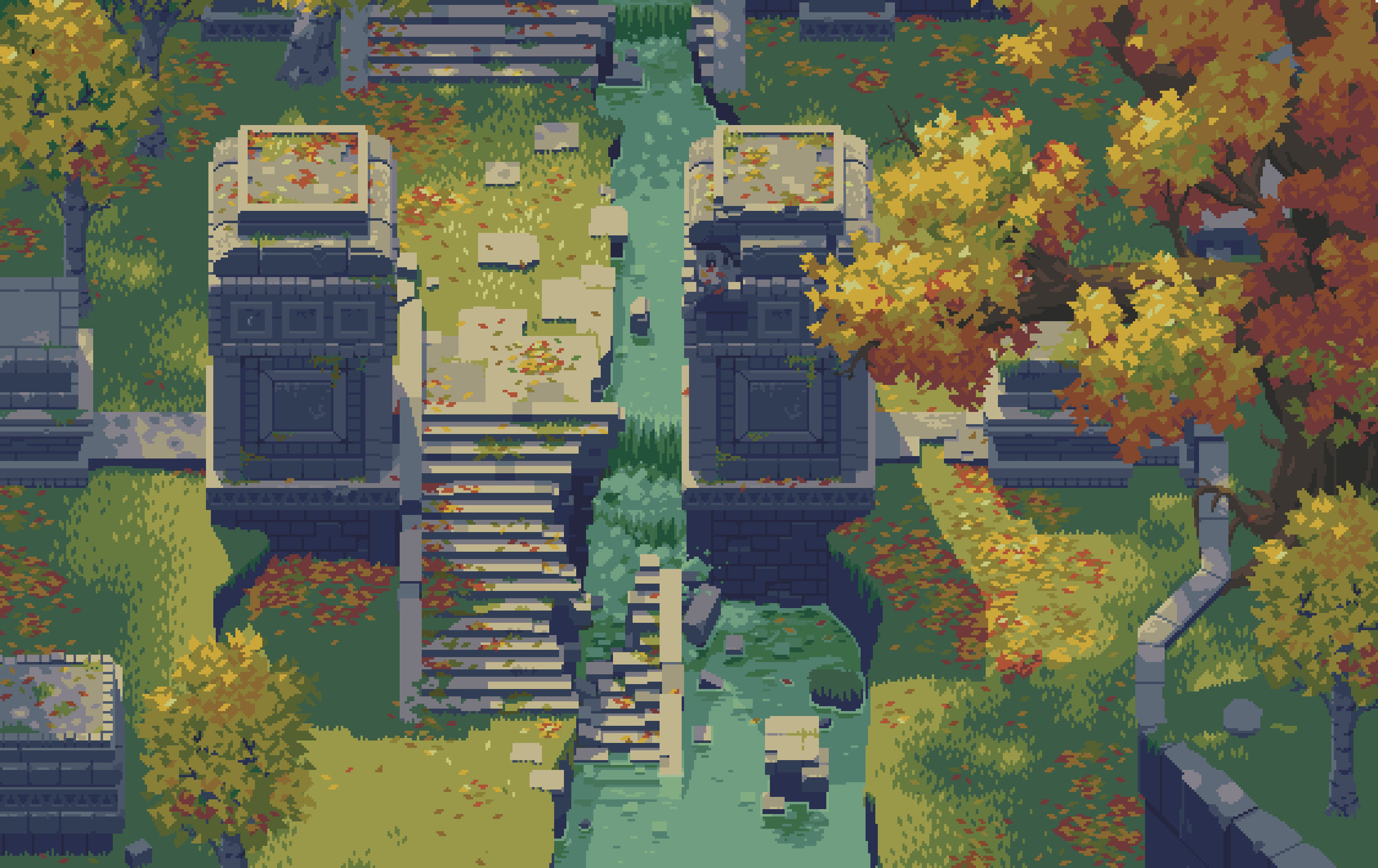 A pixel art image of a city with a bridge, trees, and ruins. - Pixel art
