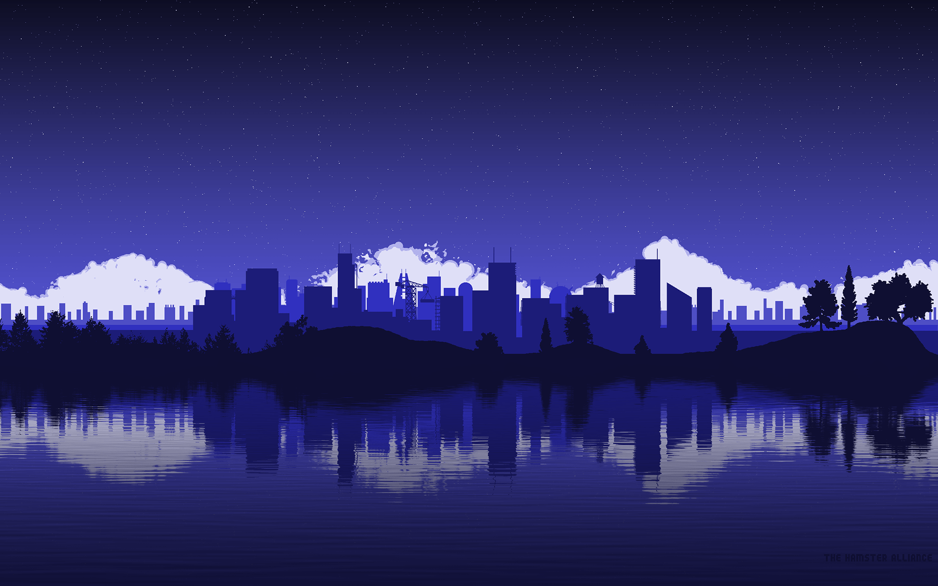 A city skyline at night with a lake in the foreground - Pixel art
