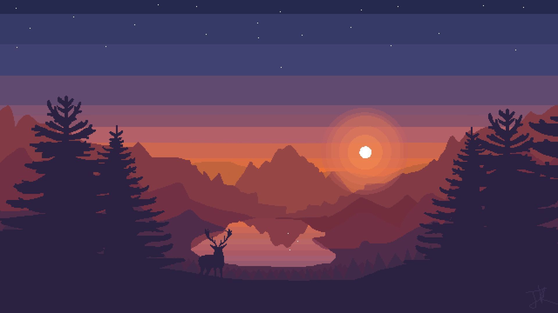 A sunset scene with mountains and trees - Pixel art