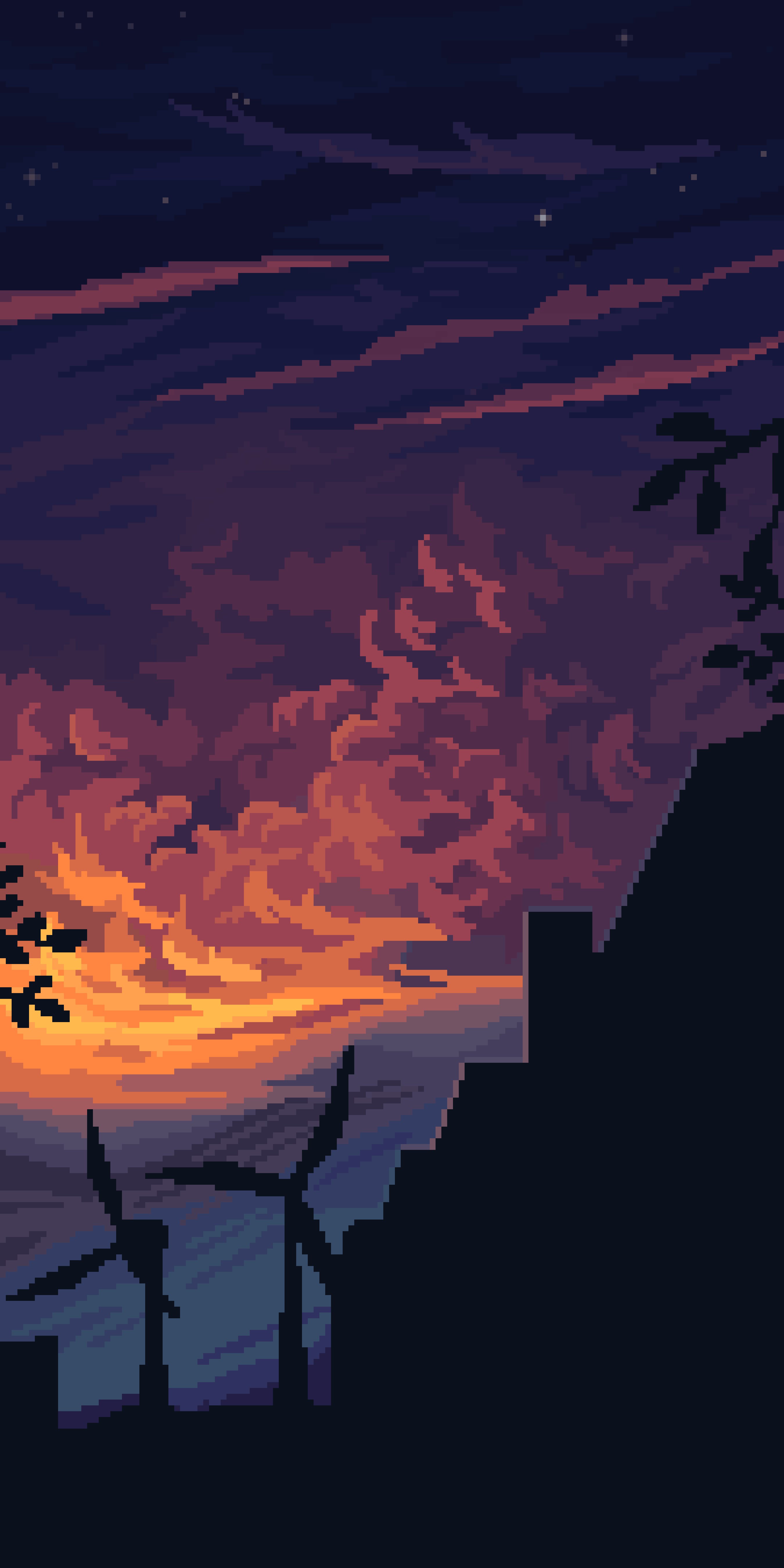 Pixel art of a sunset over a city - Pixel art