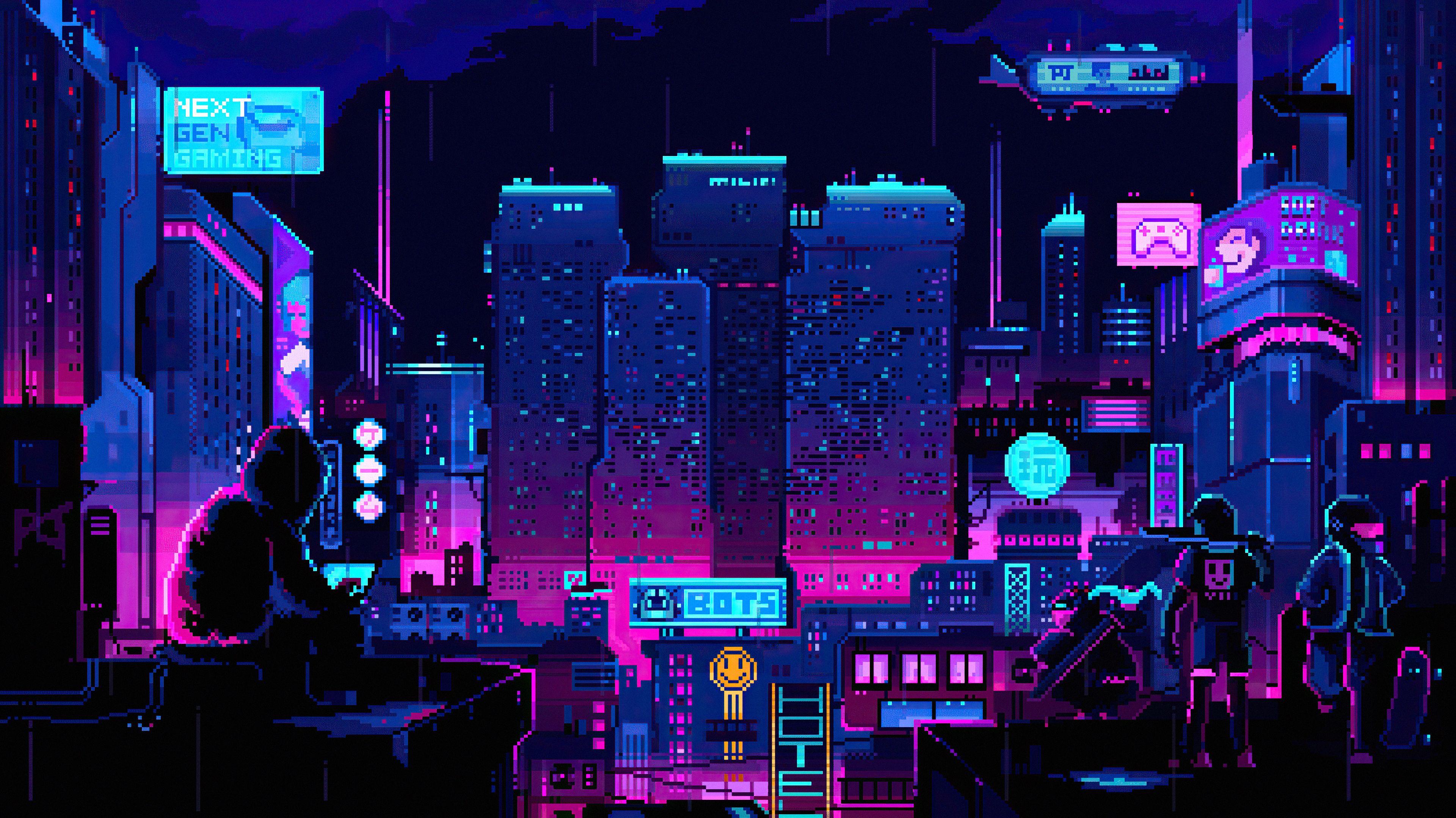 A city scene with people walking around at night - Pixel art, gaming, Cyberpunk