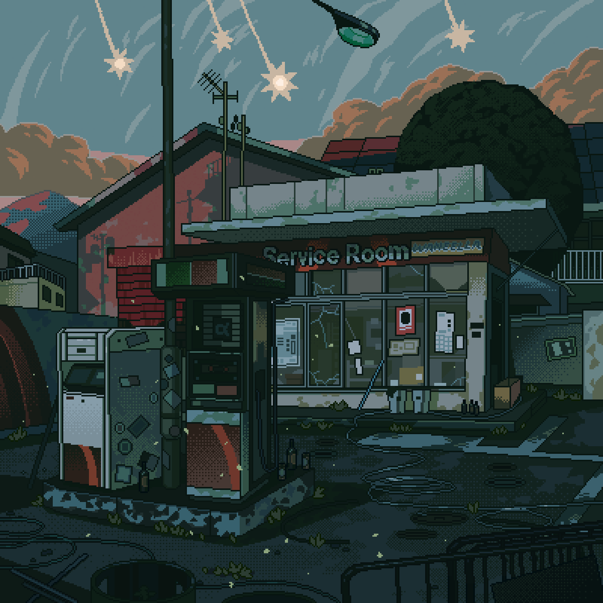 A gas station is shown in an artistic style - Pixel art