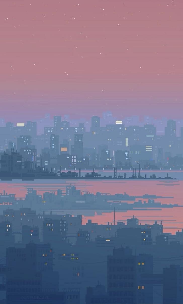 A city at night with the sky in pink - Pixel art